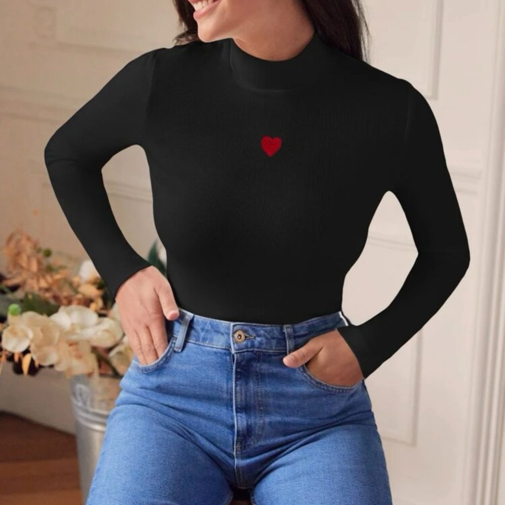 Frenchy Heart Embroidery Mock Neck Tee